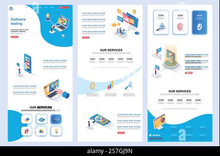 Software testing isometric landing page. Programs debugging and optimization corporate website design template. Web banner template with header, middle content, footer. Isometry vector illustration.. Software testing isometric landing page. Programs debugging and optimization corporate website design template. Web banner template with header, middle content, footer. Stock Vector
