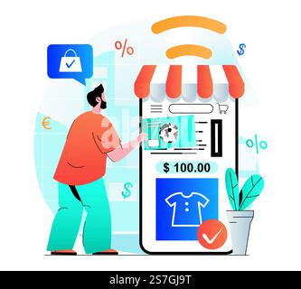 Online shopping concept in modern flat design. Man pays check for purchases in mobile application. Profitable purchasing and savings money for Internet users at store website. Vector illustration Stock Vector