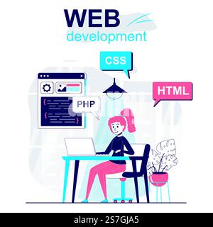 Web development isolated cartoon concept. Developer programs in html language in office, people scene in flat design. Vector illustration for blogging, website, mobile app, promotional materials. Stock Vector