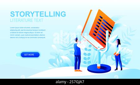Storytelling flat landing page with header, banner vector template. Sharing stories, reading books, literature text website layout. Online bookshop webpage. People cartoon characters Stock Vector