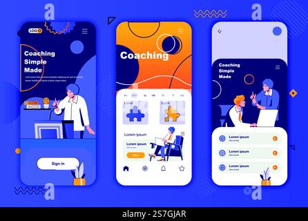Coaching unique design kit for social networks stories. Business training, motivation and mentoring mobile screen templates for app. UI UX layouts vector illustration. GUI set with people characters. Stock Vector