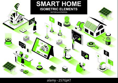 Smart home bundle of isometric elements. Solar power generation, air conditioning, automation, control and monitoring system isolated icons. Isometric vector illustration kit with people characters. Stock Vector