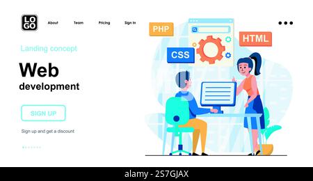 Web development web concept. Programmers coding code, creates page layout, setting up search engine. Template of people scene. Vector illustration with character activities in flat design for website Stock Vector