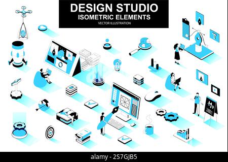 Design studio bundle of isometric elements. Ui UX design, font typography, front end development, interface design, website prototyping isolated icons. Isometric vector illustration kit with people. Stock Vector