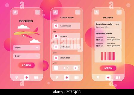 Travel booking neumorphic elements kit for mobile app. Airplane ticket booking, place or date selection, boarding pass. UI, UX, GUI screens set. Vector illustration of templates in glassmorphic design Stock Vector