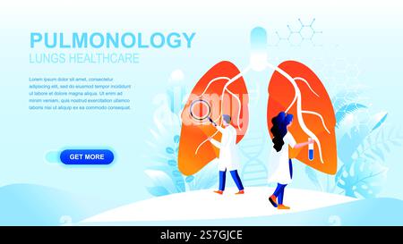 Pulmonology flat landing page with header, banner vector template. Chest and lungs medicine website layout. Medical services, respiratory diseases treatment webpage. Physicians cartoon characters Stock Vector