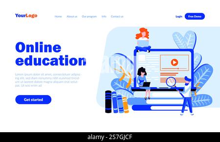Online education vector landing page template with header. Educational program app web banner, homepage design with flat illustrations. Modern schooling system. E learning, study concept Stock Vector