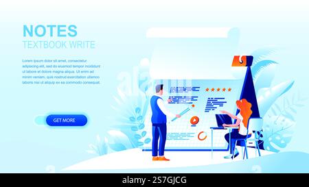 Textbook notes flat landing page with header. Planning and scheduling website layout. People cartoon characters writing in notepad. Time management and workspace organising banner vector template Stock Vector