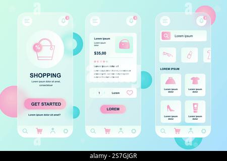 Mobile shopping neumorphic elements kit for mobile app. Store webpage, products with prices dashboard, feedbacks. UI, UX, GUI screens set. Vector illustration of templates in glassmorphic design Stock Vector