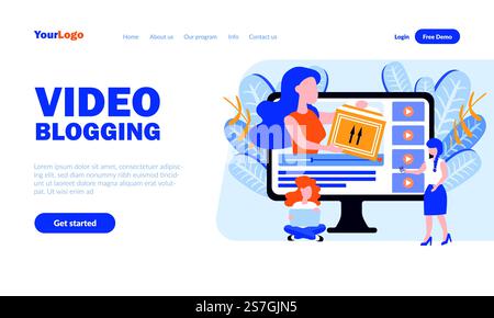 Video blogging vector landing page template with header. Vlogging web banner, homepage design with flat illustrations. Bloggers, critics cartoon characters. Film review, internet blog concept Stock Vector