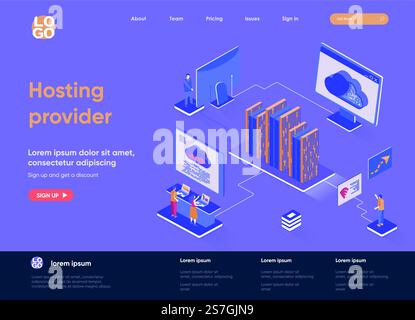 Hosting provider isometric landing page. Website hosting service isometry concept. Internet provider hardware and software technology flat design. Vector illustration with people characters. Stock Vector