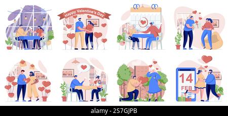 Valentines day collection of scenes isolated. People in love relationship celebrate romantic holiday, set in flat design. Vector illustration for blogging, website, mobile app, promotional materials. Stock Vector