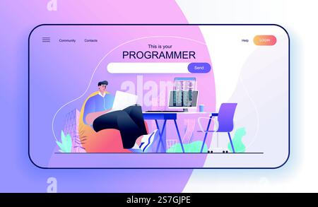 This is your Programmer concept for landing page. Developer works at laptop, writes code on computer, creates programs web banner template. Vector illustration in flat cartoon design for web page Stock Vector