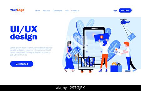 UI and UX design vector landing page template with header. Application development homepage design with flat illustrations. Programmers , web designers cartoon characters. Software, technology concept Stock Vector