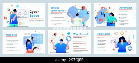 Cyberspace concept for presentation slide template. People uses virtual reality glasses, gaming, working and learning at interactive space with VR simulation. Vector illustration for layout design Stock Vector