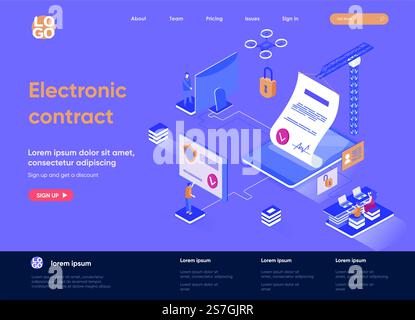 Electronic contract isometric landing page design. Online sign contract or documents technology isometry concept. Digital signature solution flat web page. Vector illustration with people characters. Stock Vector