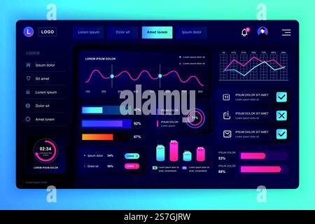 Neumorphic dashboard UI kit. Admin panel vector design template with infographic elements, HUD diagram, info graphics. Website dashboard for UI and UX design web page. Neumorphism style. Stock Vector