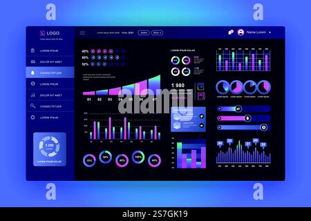 Dashboard UI. Admin panel vector design template with infographic elements, HUD diagram, info graphics. Website dashboard for UI and UX design web page. Dark style. Vector illustration. Stock Vector