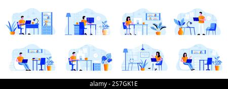 Coworking office bundle with people characters. Designers and developers working with computers in coworking open space area situations. Emploees and frelancers at workplace flat vector illustration Stock Vector