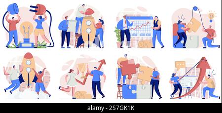 Teamwork collection of scenes isolated. People generate idea, brainstorm, collaboration at business, set in flat design. Vector illustration for blogging, website, mobile app, promotional materials. Stock Vector