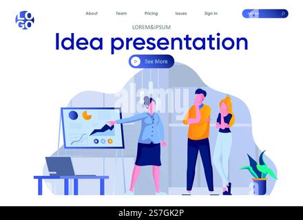 Idea presentation landing page with header. Woman making business presentation with diagrams before colleagues in office scene. Coworking, teamwork and creativity situation flat vector illustration. Stock Vector
