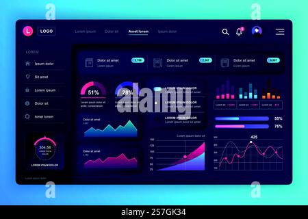Neumorphic dashboard UI kit. Admin panel vector design template with infographic elements, HUD diagram, info graphics. Website dashboard for UI and UX design web page. Neumorphism style. Stock Vector