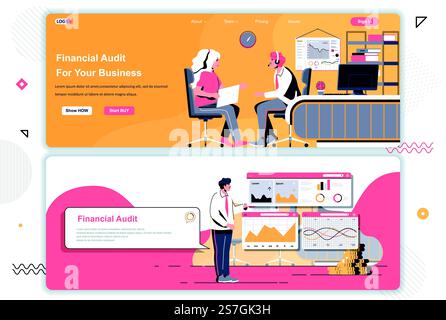 Financial audit landing pages set. Business assistance and consulting corporate website. Flat vector illustration with people characters. Web concept use as header, footer or middle content. Stock Vector