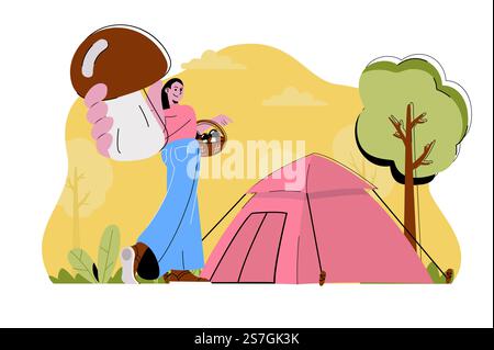 Camping holiday concept. Woman resting with tent in forest, picking mushrooms situation. Outdoor activities people scene. Vector illustration with flat character design for website and mobile site Stock Vector