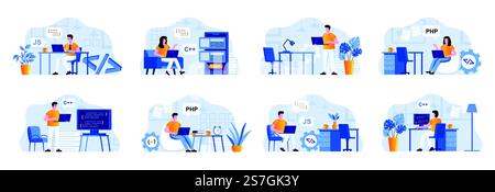 Programming scenes bundle with people characters. Frontend and backend developers working with computers in office, software design and coding situations. Programs development flat vector illustration Stock Vector