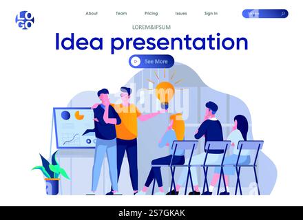 Idea presentation landing page with header. Startup team making presentation new great idea before investor in office scene. Pitching startup, coworking and teamwork situation flat vector illustration Stock Vector