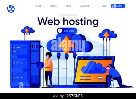 Web hosting flat landing page. IT specialists managing server equipment vector illustration. Data center computing technology, hosting and support service web page composition with people characters. Stock Vector
