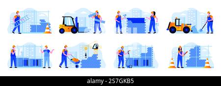 Construction site scenes bundle with people characters. Welder, painter, metalworker and bricklayer in hardhat at work situations. Professional engineering and building flat vector illustration Stock Vector
