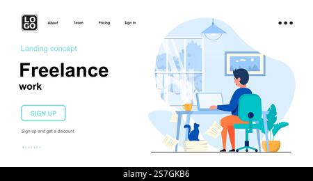Freelance work web concept. Man freelancer or remote worker works on computer from home office. Template of people scene. Vector illustration with character activities in flat design for website Stock Vector