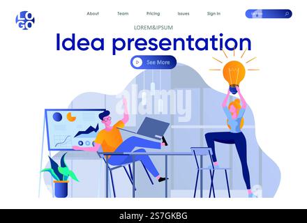 Idea presentation landing page with header. Startup founders discussing project, brainstorming and sharing ideas in office scene. Coworking, teamwork and creativity situation flat vector illustration. Stock Vector