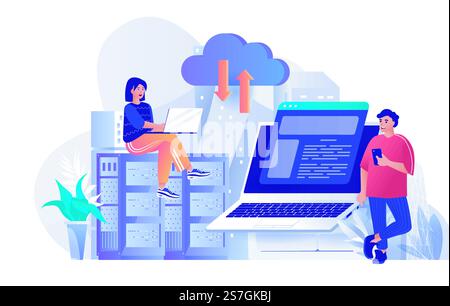 Hosting provider concept in flat design. Engineers working at server racks room scene template. Placement of website for business, tech support. Vector illustration of people characters activities Stock Vector