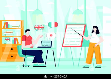 Language courses concept with character situation in flat design. Woman ...