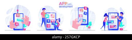 App development concept scenes set. Developers create mobile application, arrange interface buttons, create UI design. Collection of people activities. Vector illustration of characters in flat design Stock Vector
