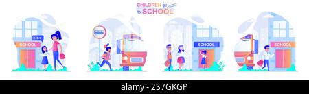 Children go to school concept scenes set. Mom leads daughter to class, pupil rushes to school bus, primary education. Collection of people activities. Vector illustration of characters in flat design Stock Vector