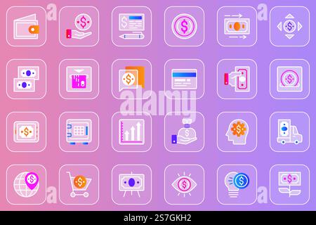 Money web glassmorphic icons set. Pack outline pictograms of wallet, payment, money exchange, cash ar atm, growth profit, online banking, savings, shopping and other. Vector line glass symbols Stock Vector