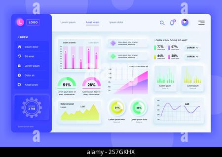 Neumorphic dashboard UI kit. Admin panel vector design template with infographic elements, HUD diagram, info graphics. Website dashboard for UI and UX design web page. Neumorphism style. Stock Vector