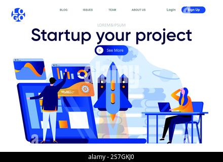 Startup your project flat landing page. Team of startup founders launching new project vector illustration. Innovation solution, business idea generation web page composition with people characters, Stock Vector