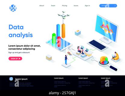 Data analysis isometric landing page. Financial data analysis, management and optimization, database structuring isometry web page. Website flat template, vector illustration with people characters. Stock Vector