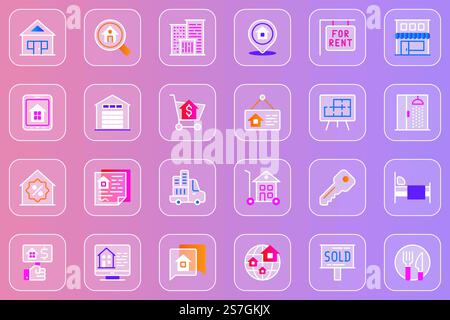 Real estate web glassmorphic icons set. Pack outline pictograms of house, search home, rent or sale, plan building, mortgage, contract, move to apartment, property and other. Vector line glass symbols Stock Vector