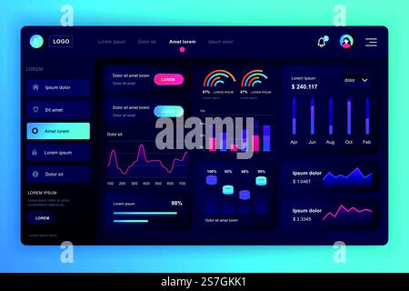 Neumorphic dashboard UI kit. Admin panel vector design template with infographic elements, HUD diagram, info graphics. Website dashboard for UI and UX design web page. Neumorphism style. Stock Vector