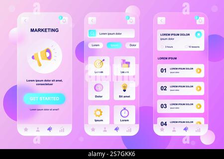 Marketing neumorphic elements kit for mobile app. Professional marketing tools, newsletter, targeting, data analysis. UI, UX, GUI screens set. Vector illustration of templates in glassmorphic design Stock Vector