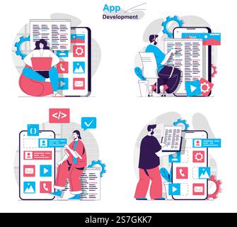 App development concept set. Developers write code, testing, create page layout. People isolated scenes in flat design. Vector illustration for blogging, website, mobile app, promotional materials. Stock Vector