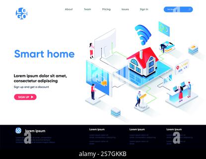 Smart home isometric landing page. Online home control, monitoring and management, house system automatization isometry web page. Website flat template, vector illustration with people characters. Stock Vector