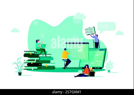 Online studying concept in flat style. Students learning online scene. Distance education, professional seminars and courses web banner. Vector illustration with people characters in work situation.. Online studying concept in flat style. Stock Vector
