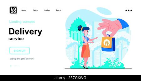 Delivery service web concept. Express food delivery. Woman receives order from courier at home. Template of people scene. Vector illustration with character activities in flat design for website Stock Vector