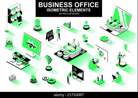 Business office bundle of isometric elements. Business analytics, project presentation, company teamwork, managers working isolated icons. Isometric vector illustration kit with people characters. Stock Vector
